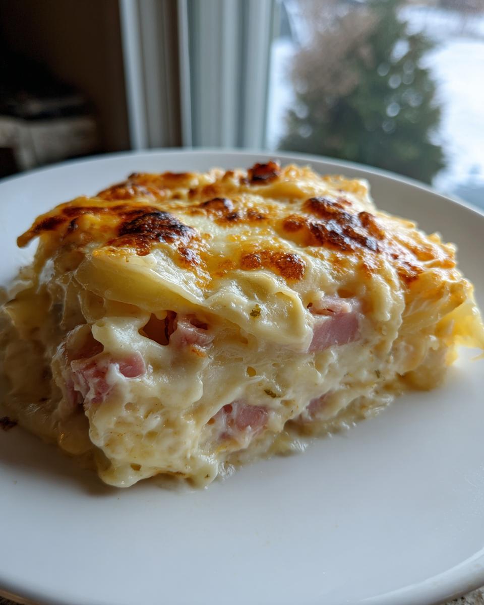 A close-up of a square serving of creamy scalloped potatoes and ham with a golden-brown, bubbly cheese topping.