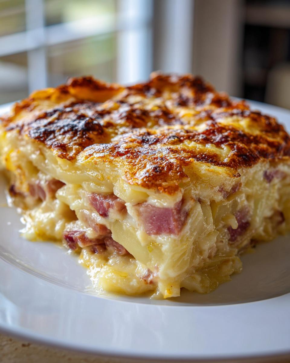 A close-up of a rich, cheesy slice of scalloped potatoes and ham with a golden-brown, bubbly top.