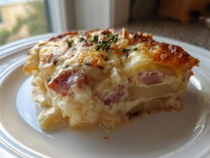 A close-up of a hearty slice of scalloped potatoes and ham, showing layers of creamy sauce, potatoes, and ham, topped with melted, browned cheese.