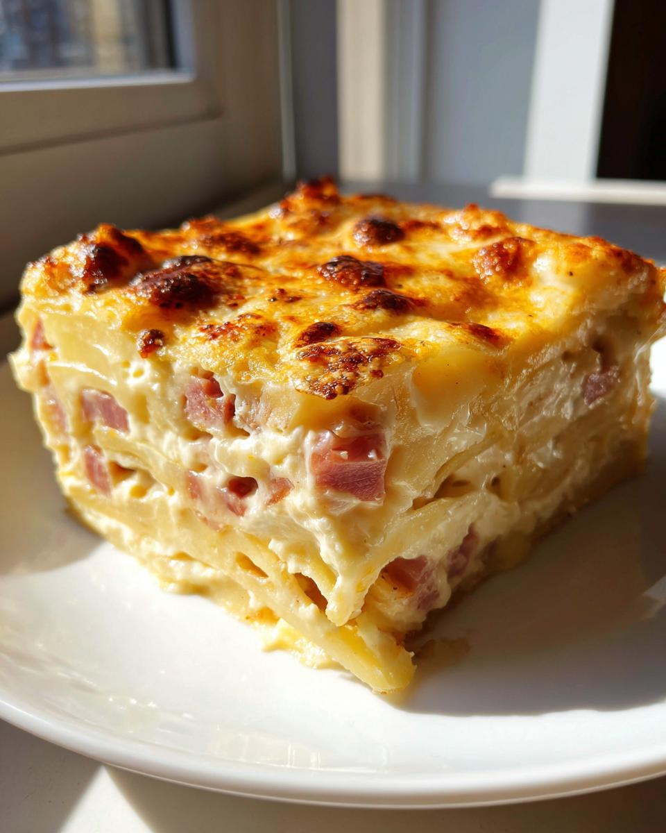 A thick, square slice of scalloped potatoes and ham layered with creamy sauce and topped with browned, melted cheese.