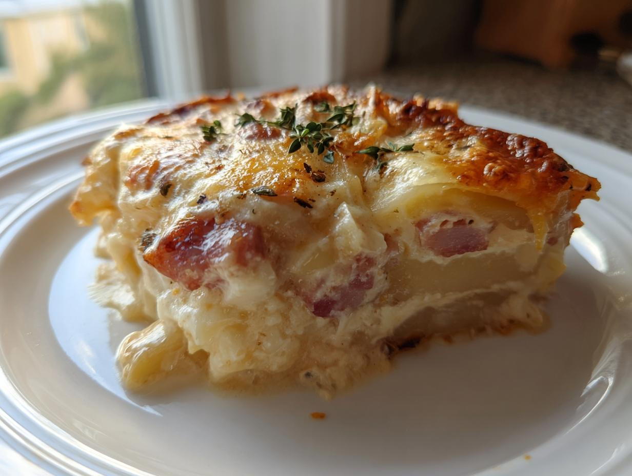 A close-up of a hearty slice of scalloped potatoes and ham, showing layers of creamy sauce, potatoes, and ham, topped with melted, browned cheese.