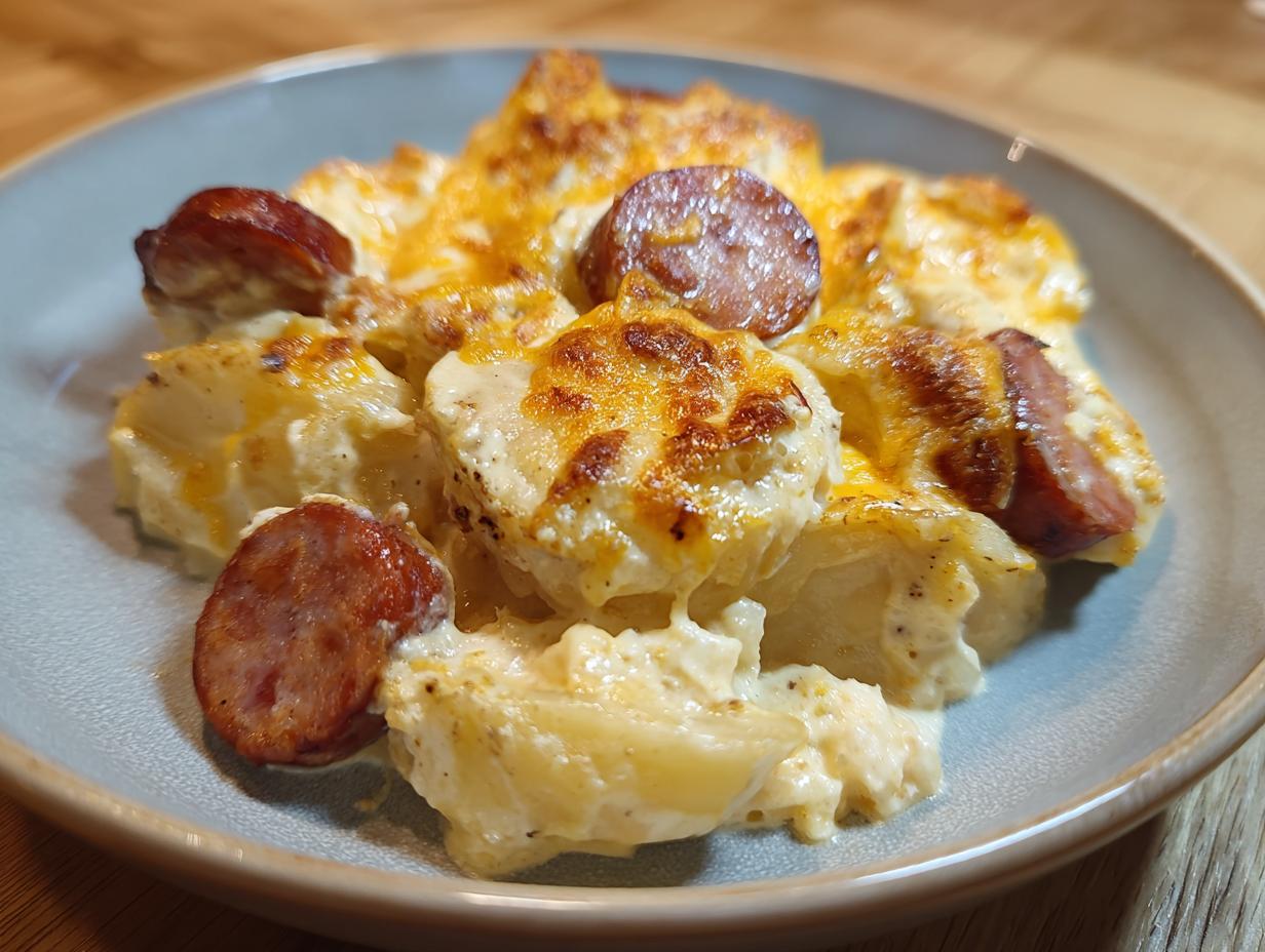 A close-up of a serving of creamy pierogi casserole topped with melted cheese and slices of browned sausage.