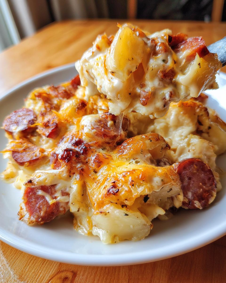 A fork lifts a cheesy, creamy portion of pierogi casserole topped with browned cheese and slices of sausage.