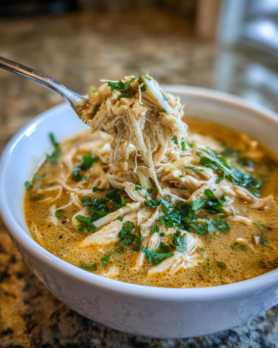 A spoonful of shredded chicken being lifted from a bowl of creamy keto white chicken chili, garnished with fresh parsley.
