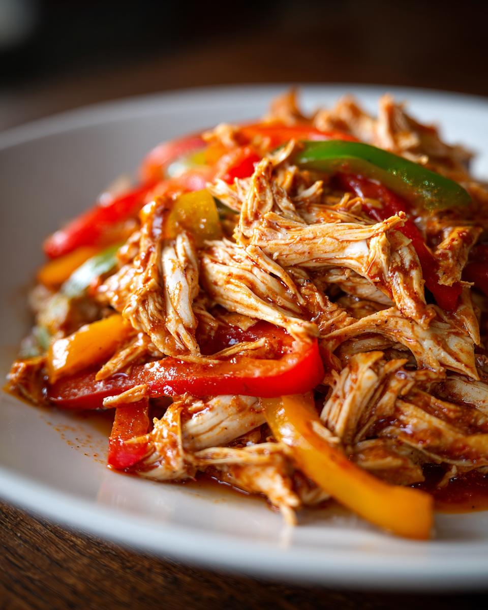 Close-up of shredded chicken mixed with colorful bell pepper strips, perfect for crockpot chicken fajitas.