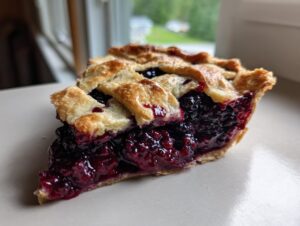 Close-up of a juicy slice of blackberry pie showing the dark berry filling and golden flaky lattice crust.