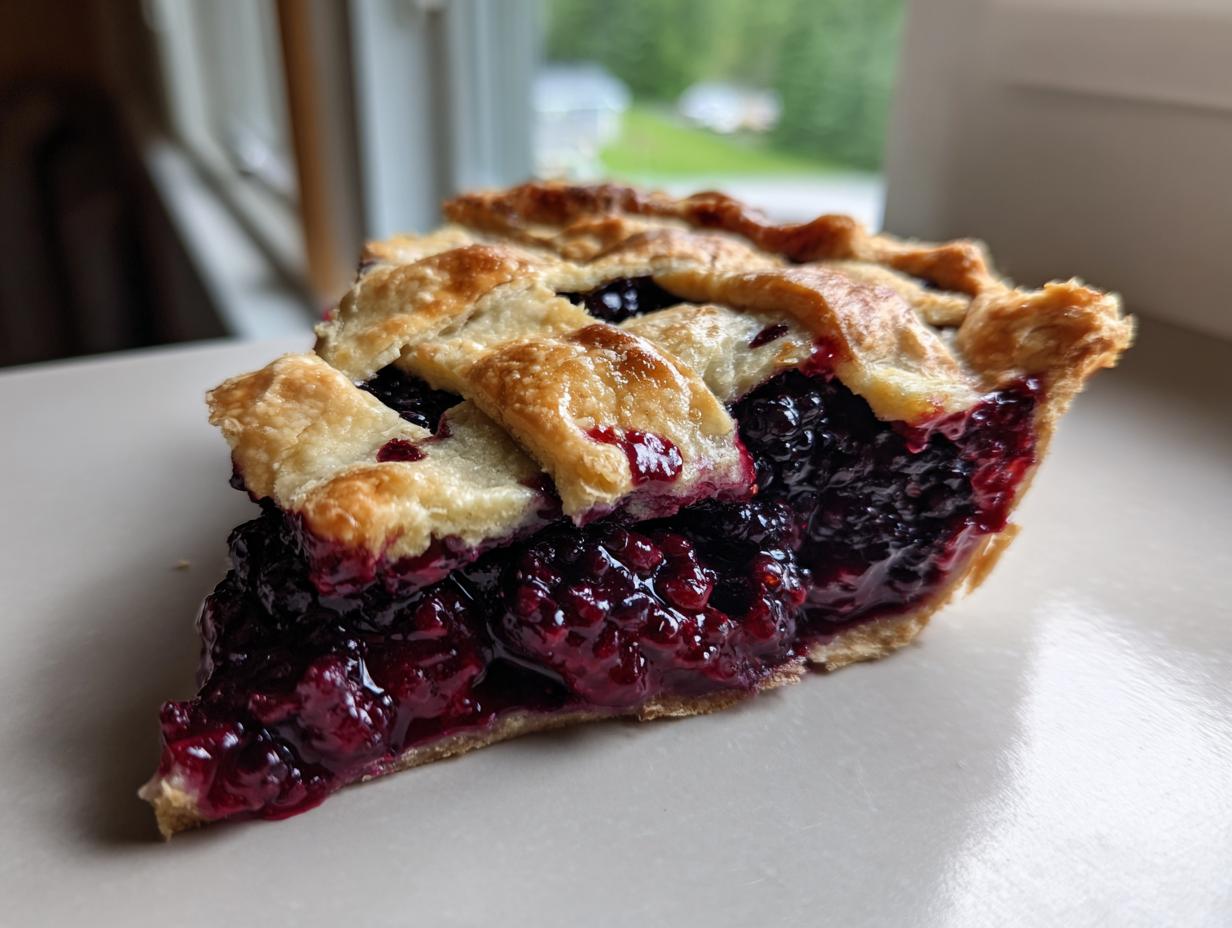 Close-up of a juicy slice of blackberry pie showing the dark berry filling and golden flaky lattice crust.