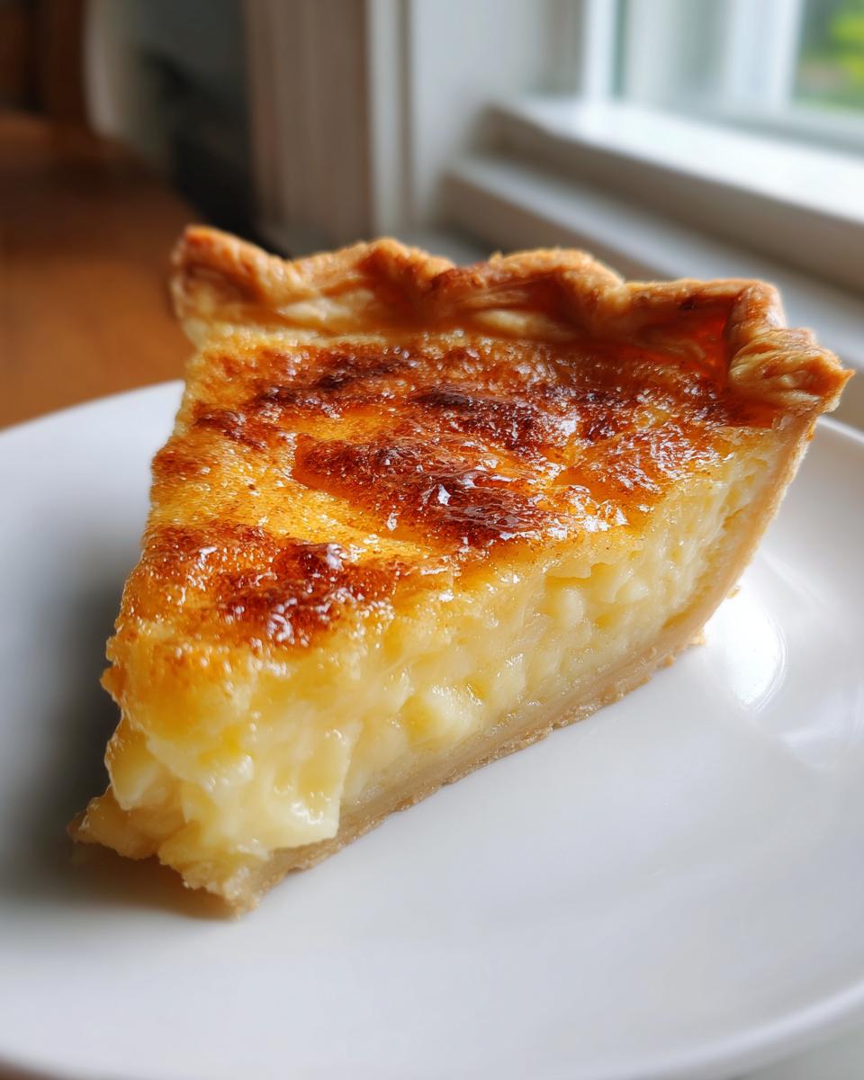 A close-up slice of amazing buttermilk pie with a creamy yellow filling and a beautifully browned, slightly caramelized top crust.