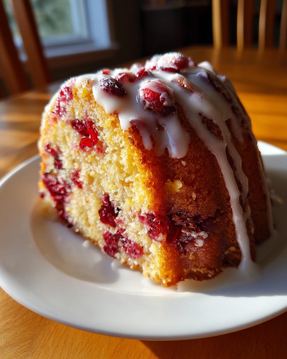 A close-up of a slice of moist cranberry orange cake topped with white glaze and whole cranberries.