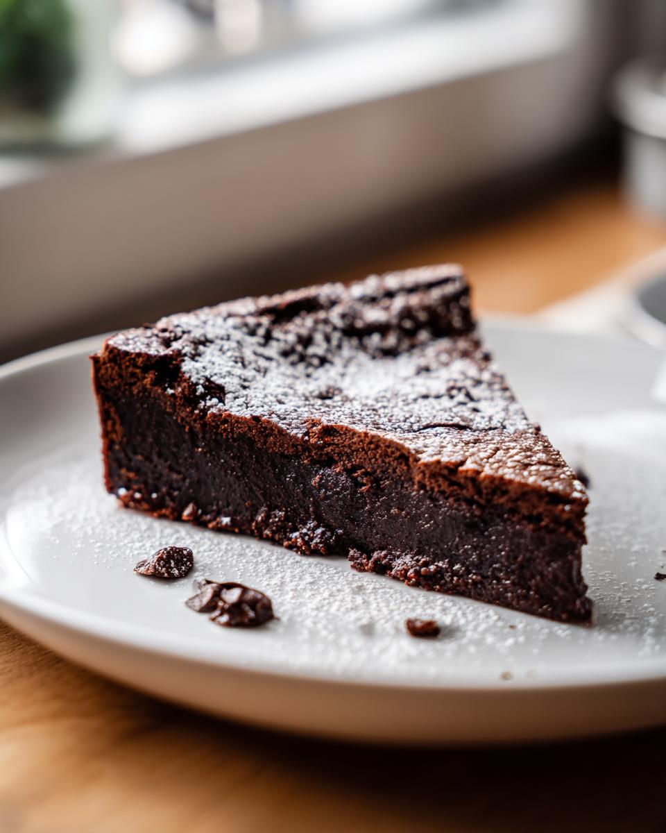 A decadent slice of flourless chocolate cake dusted with powdered sugar on a white plate.