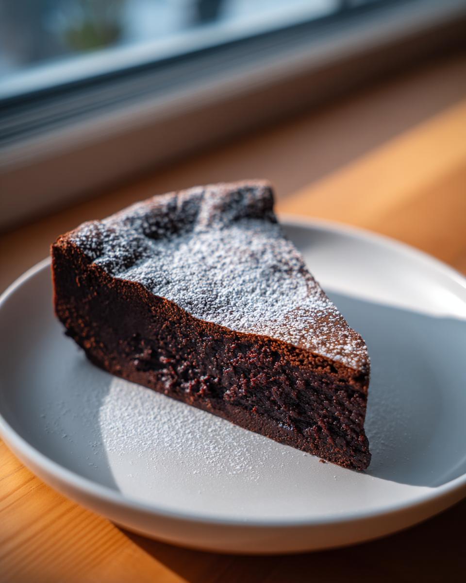 A dense, rich slice of flourless chocolate cake dusted with powdered sugar, served on a white plate.