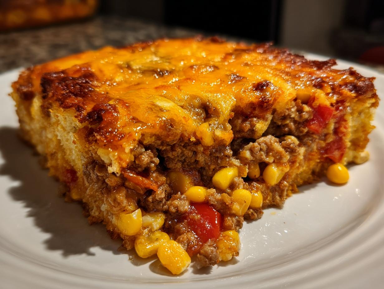 Close-up of a hearty slice of mexican cornbread casserole featuring ground meat, corn, tomatoes, and a bubbly, browned cheese topping.