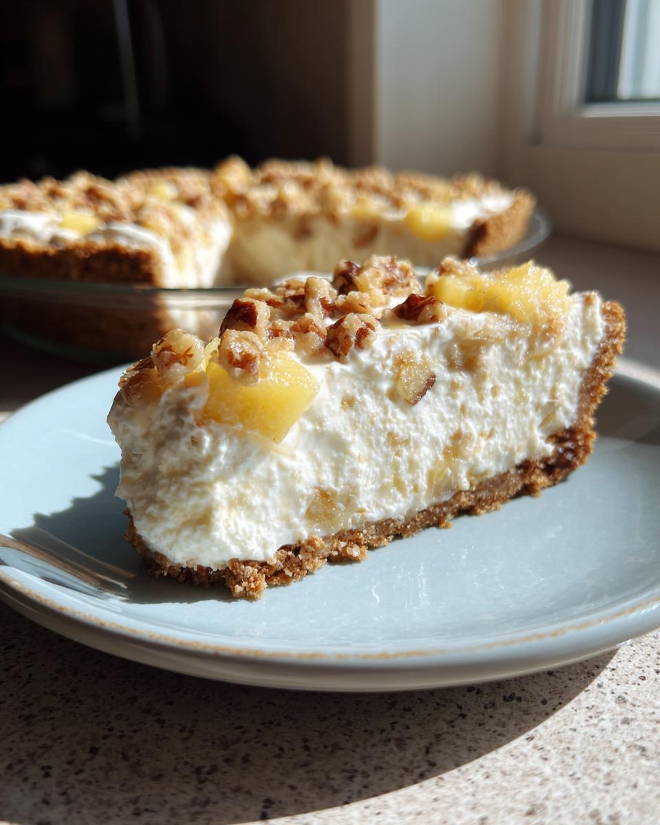 A thick slice of creamy Million Dollar Pie with a graham cracker crust, topped with pineapple chunks and chopped pecans.