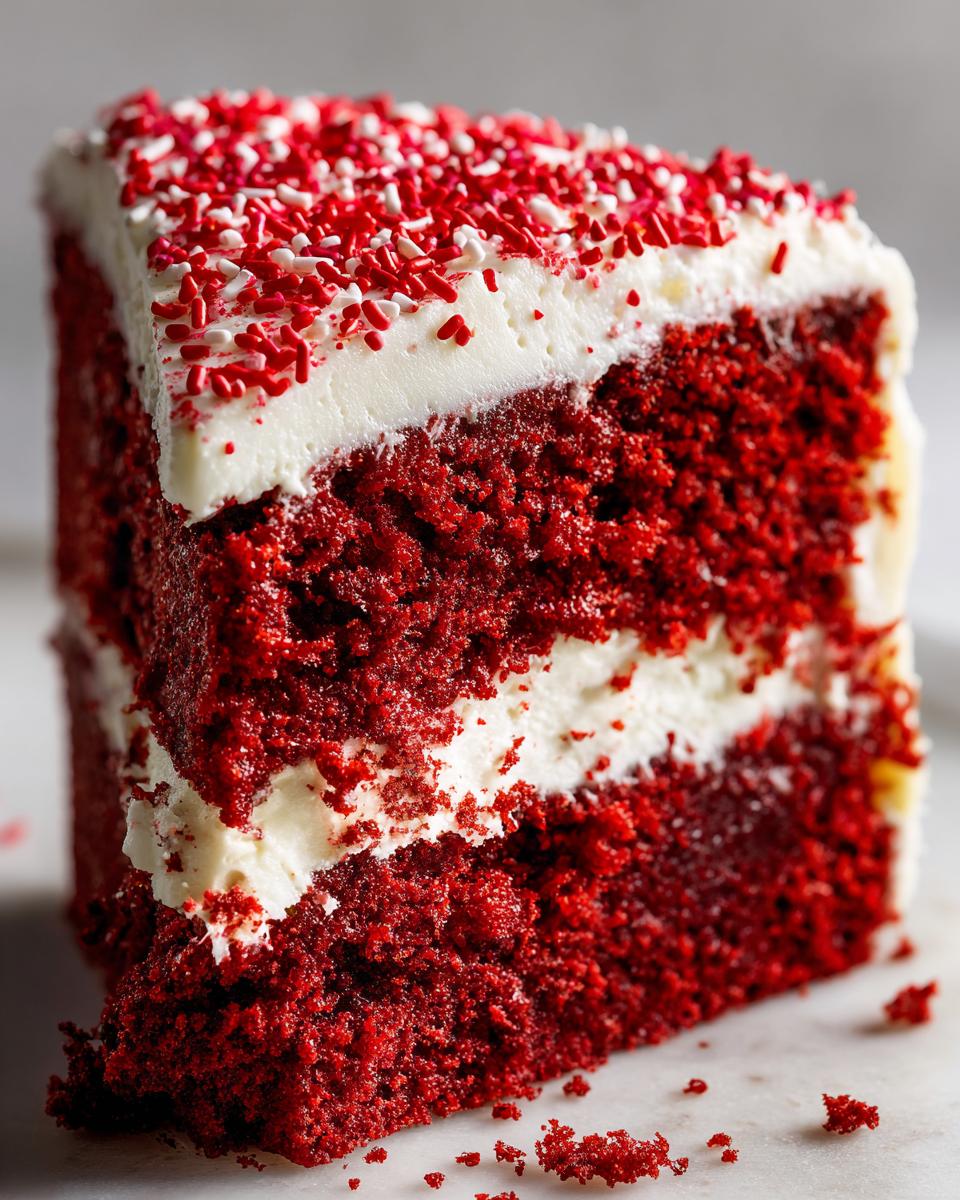 Close-up of a moist slice of red velvet poke cake layered with white frosting and topped with red and white sprinkles.