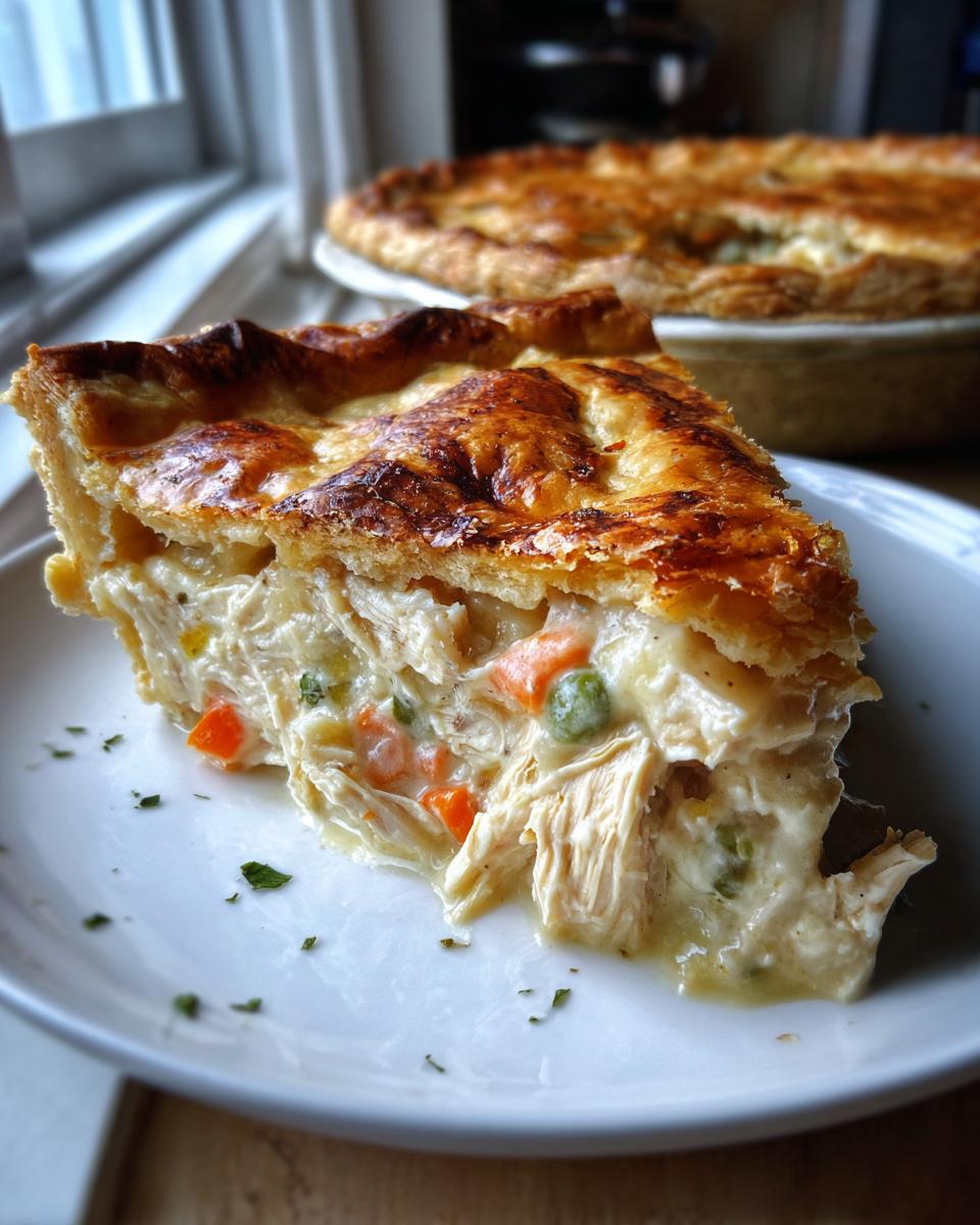 A close-up slice of a creamy turkey pot pie recipe showing shredded turkey, carrots, and peas under a golden, flaky crust.