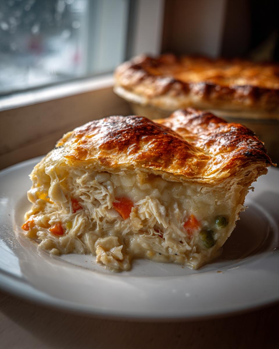 A close-up slice of turkey pot pie recipe showing shredded turkey, carrots, and peas in a creamy sauce under a golden, flaky crust.