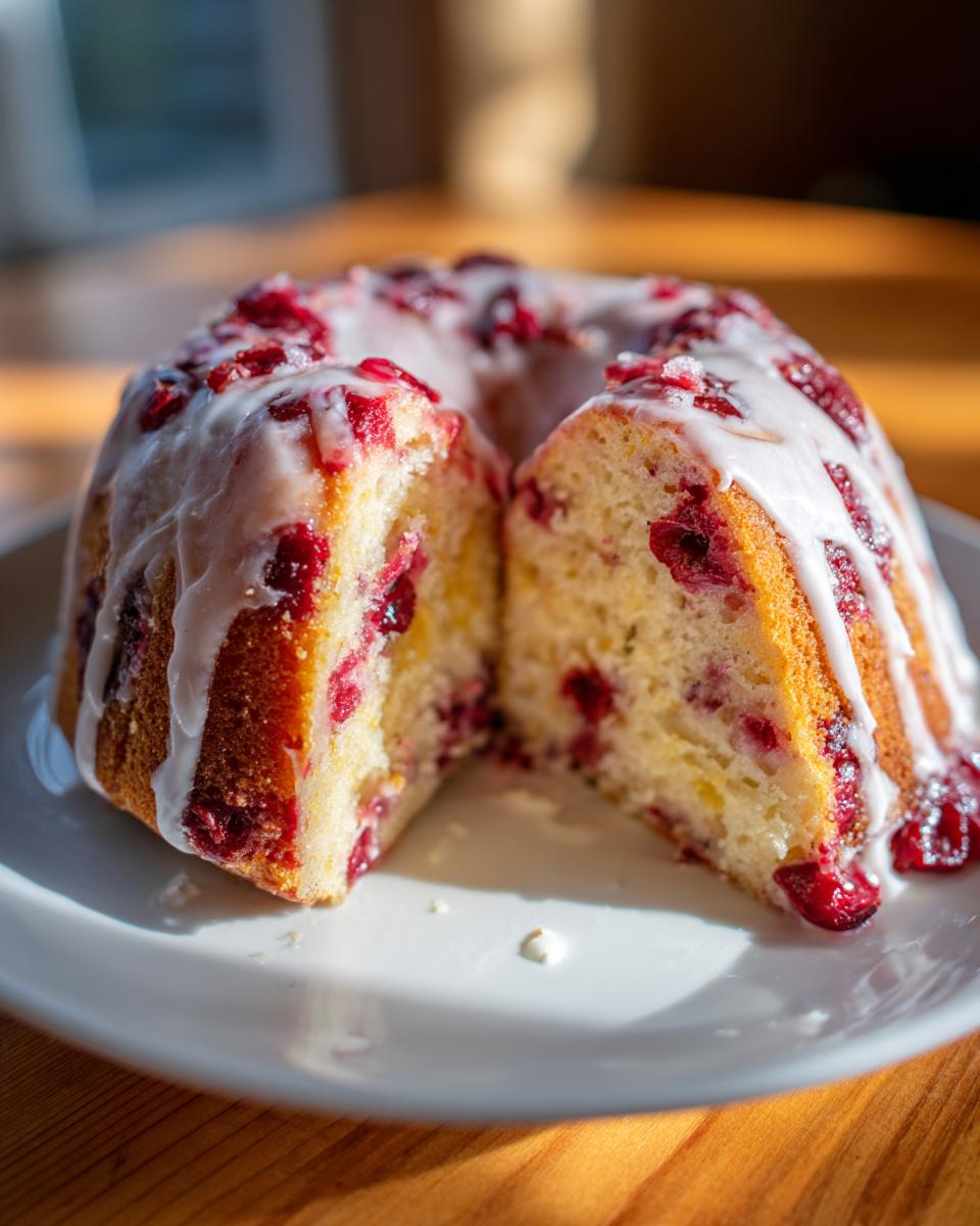 A slice cut from a cranberry orange cake, showing the moist interior packed with cranberries and topped with white citrus glaze.