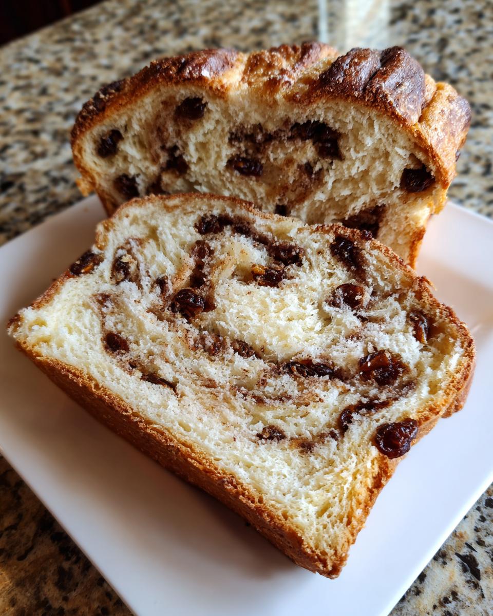 Two thick slices of homemade raisin bread showing a swirl of cinnamon and plump raisins inside.