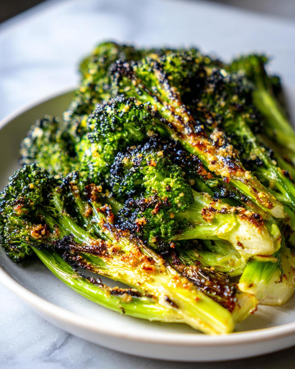 Close-up of bright green, charred smashed broccoli florets seasoned with spices, served on a light plate.