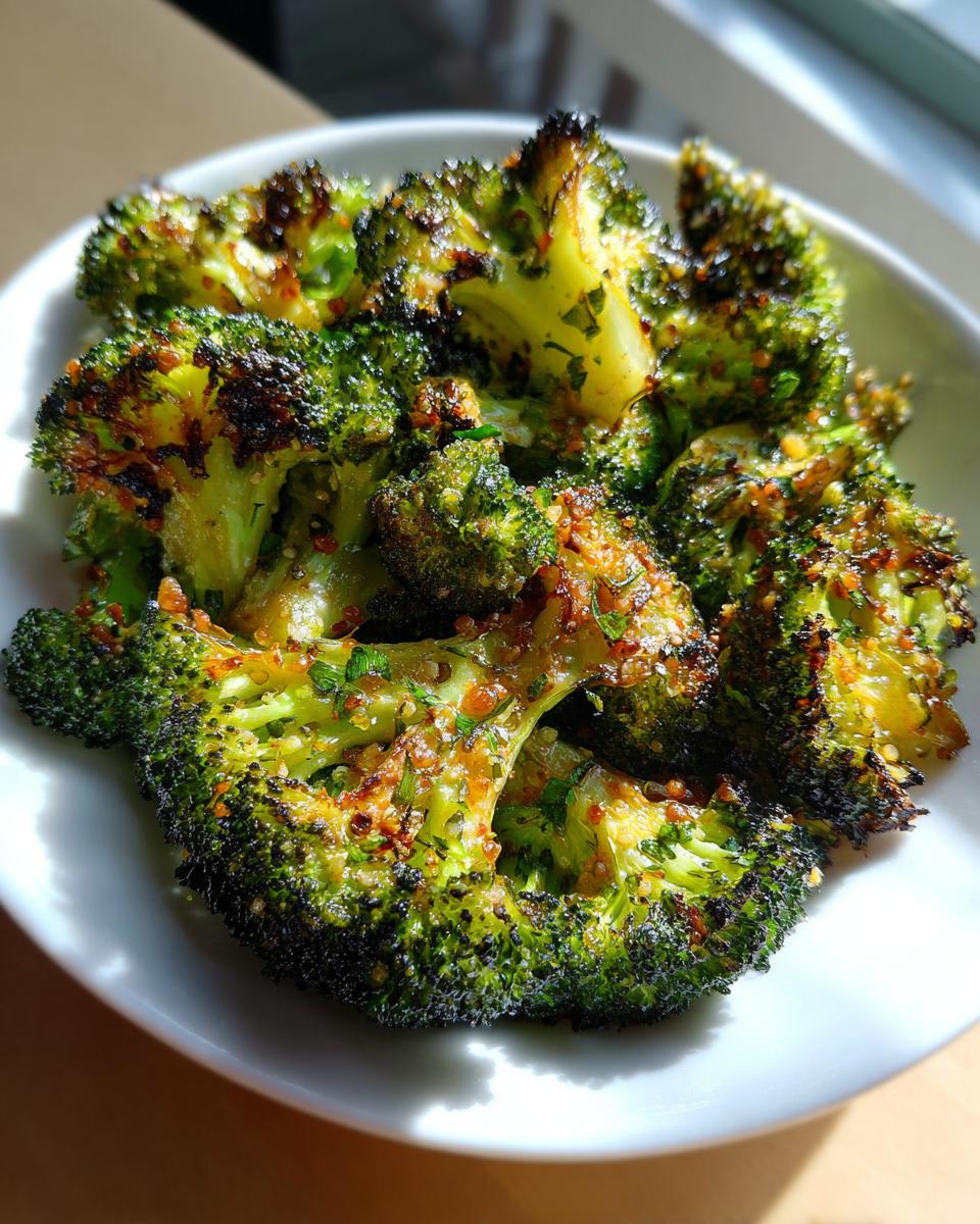 Close-up of crispy, charred smashed broccoli florets seasoned with herbs and spices in a white bowl.