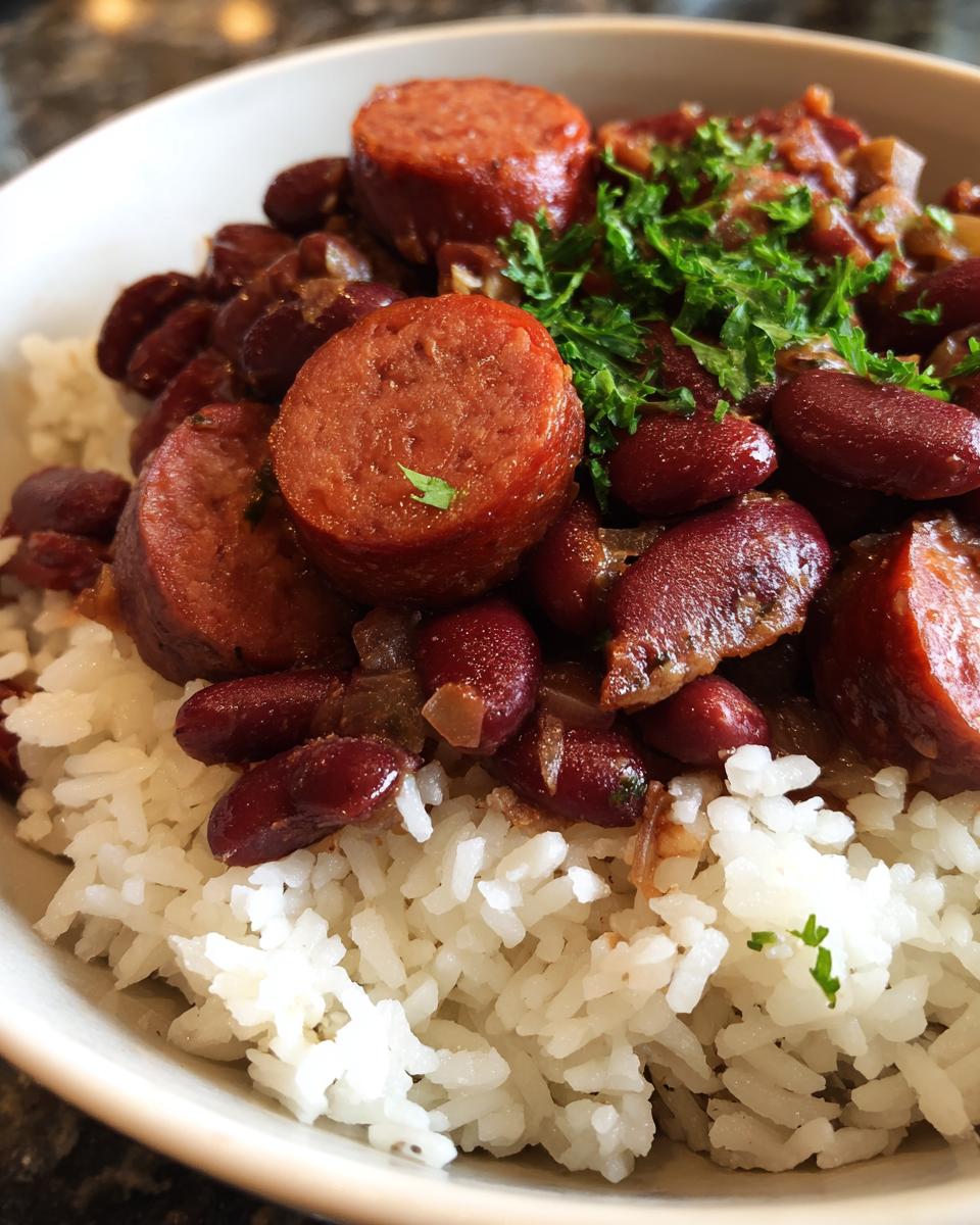 Close-up of a bowl of savory beans and rice topped with thick slices of smoked sausage and fresh parsley.