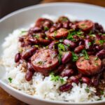 Close-up of savory beans and rice topped with sliced smoked sausage and fresh parsley garnish.