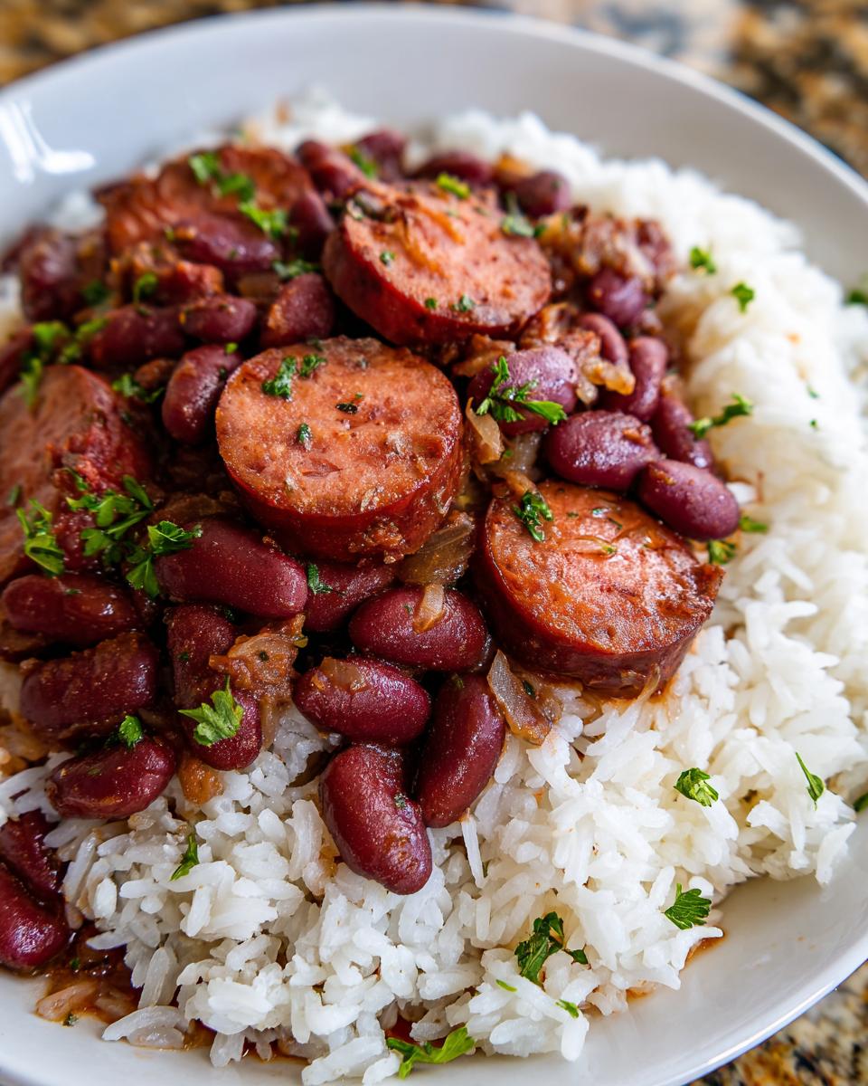 Close-up of savory beans and rice topped with sliced smoked sausage and fresh parsley garnish.