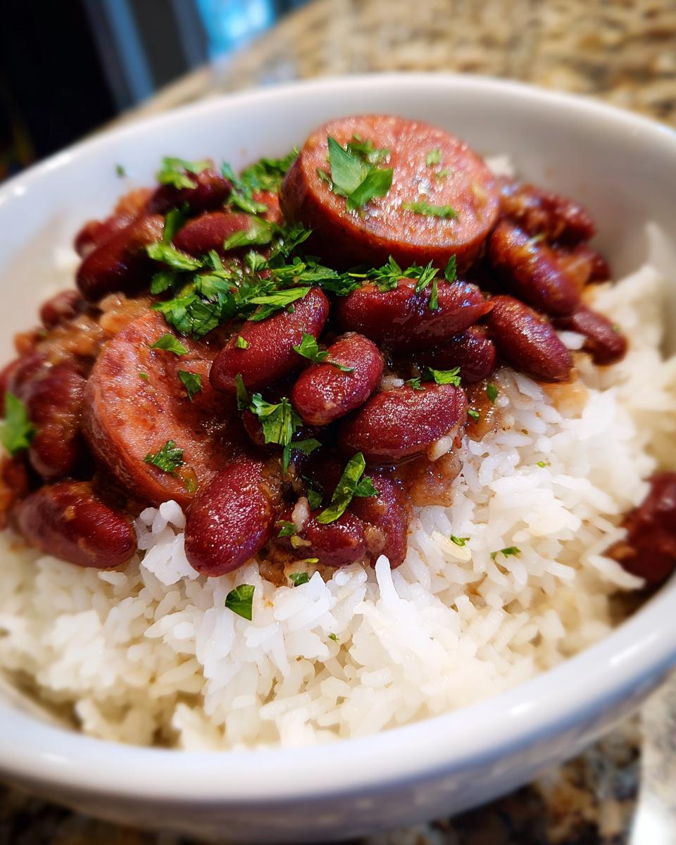 Close-up of a bowl of white rice topped with rich red beans and sliced smoked sausage, garnished with parsley for a flavorful beans and rice dish.