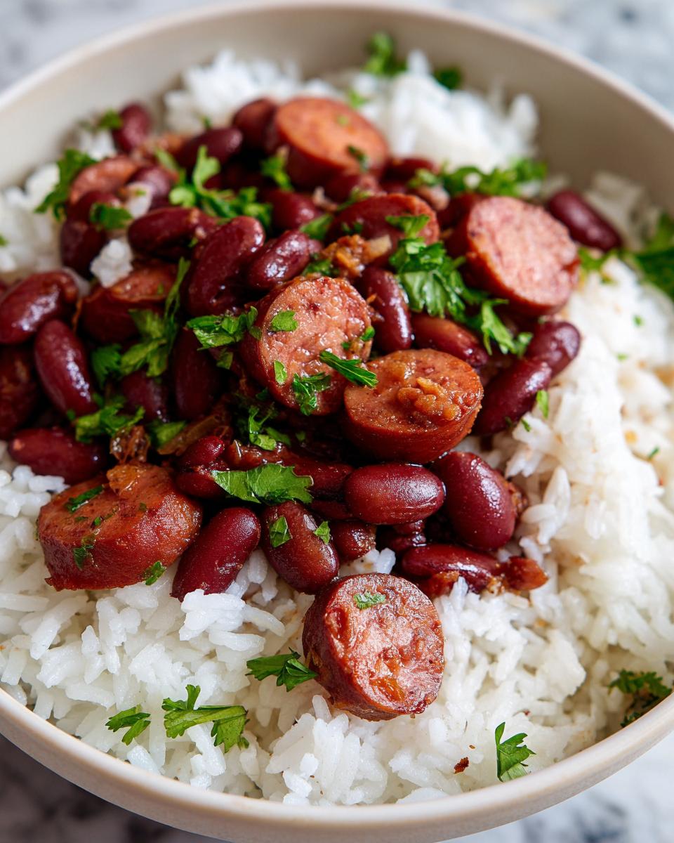 Close-up of a bowl of white rice topped with red kidney beans, sliced smoked sausage, and fresh parsley, showcasing the beans and rice dish.
