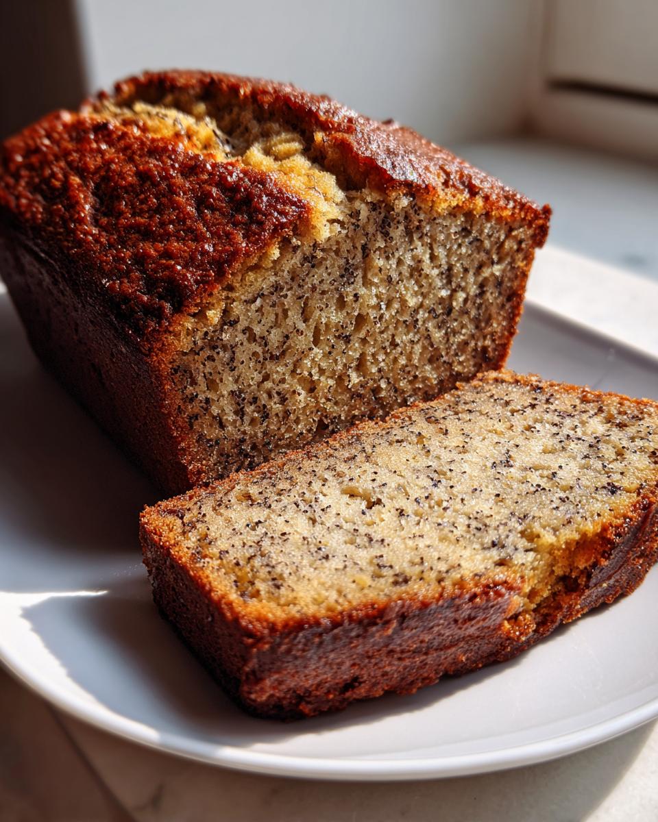 A loaf of golden brown sourdough banana bread, partially sliced, showing the moist interior flecked with dark specks.