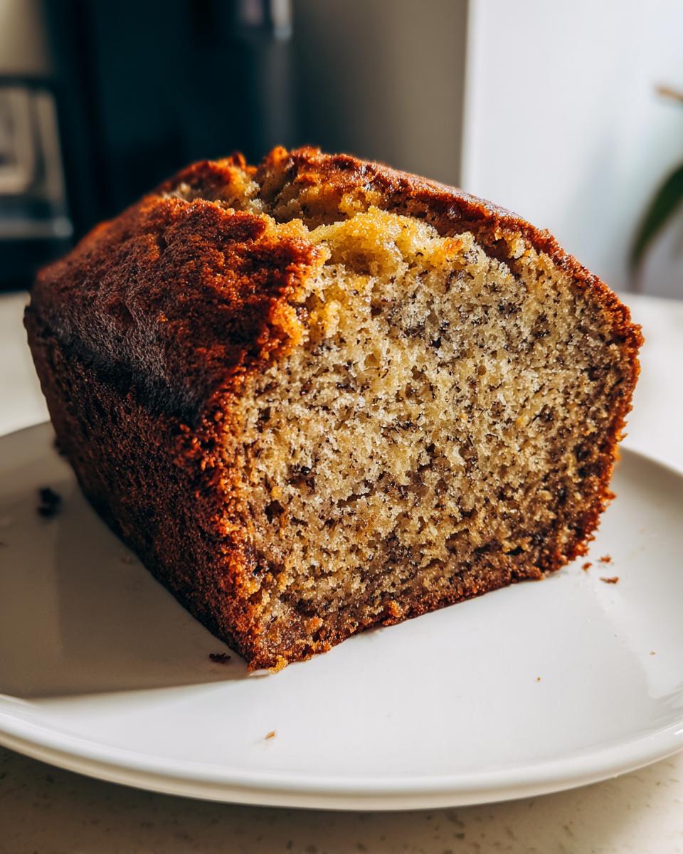 Close-up of a slice of moist sourdough banana bread showing the speckled interior texture.