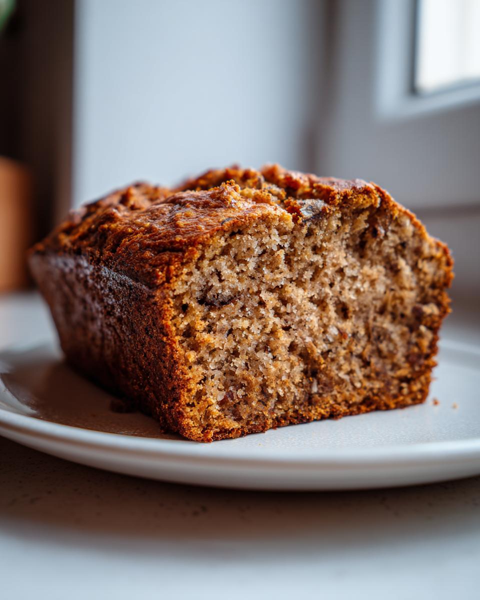 Close-up of a thick slice of baked sourdough banana bread showing its moist crumb texture on a white plate.