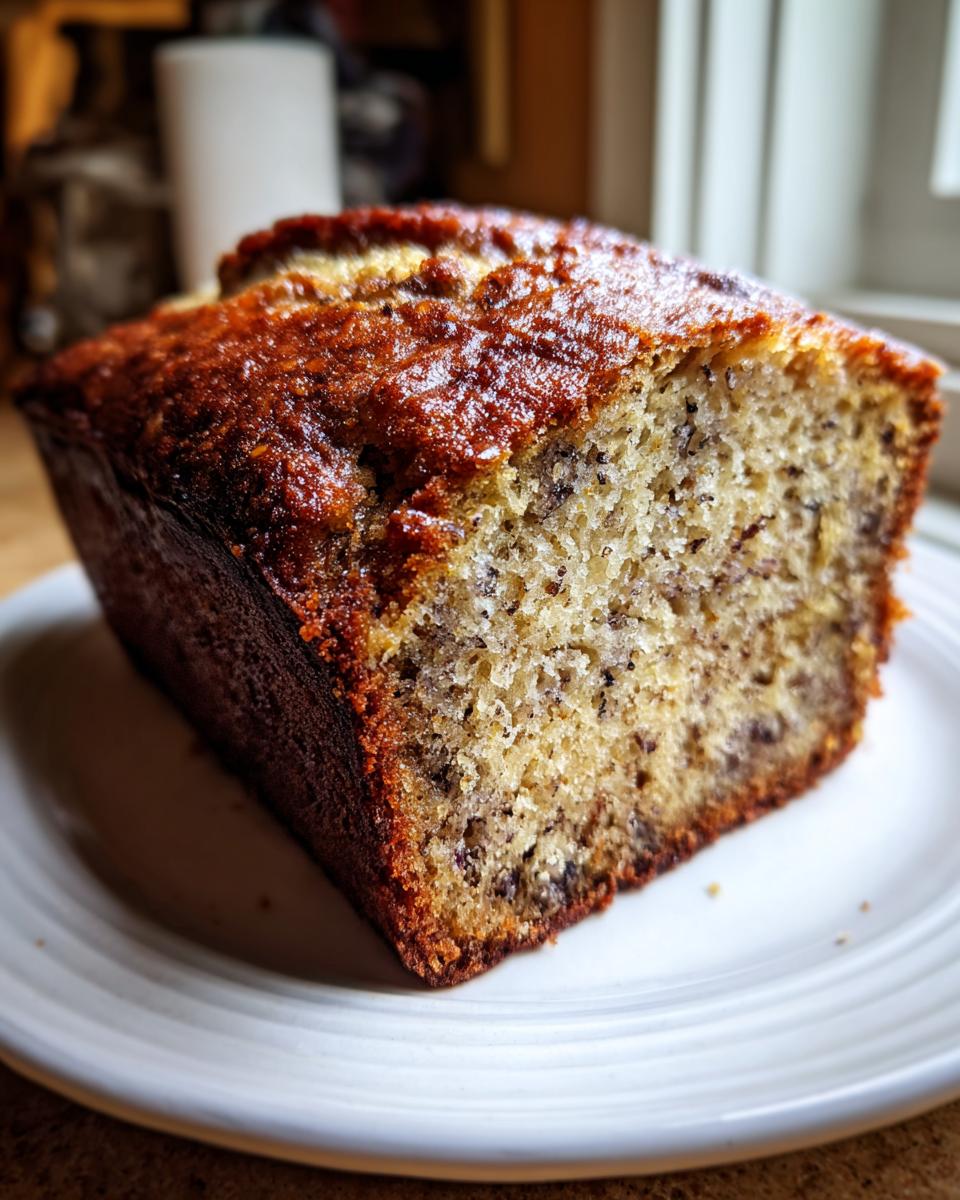 A close-up view of a slice of moist sourdough banana bread showing the speckled interior and dark, caramelized crust.