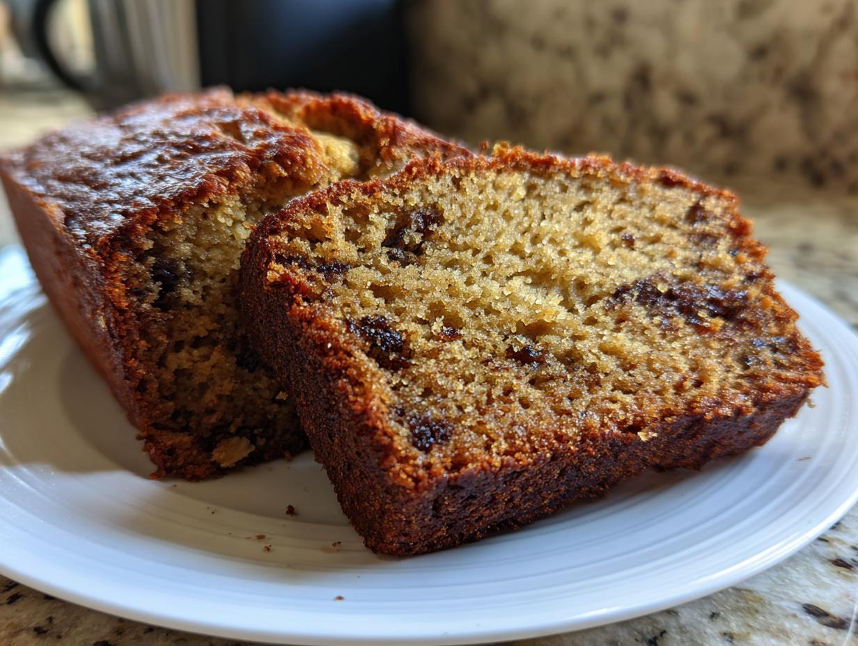 Close-up of two thick slices of moist sourdough banana bread featuring a dark, caramelized crust and visible chocolate chips.