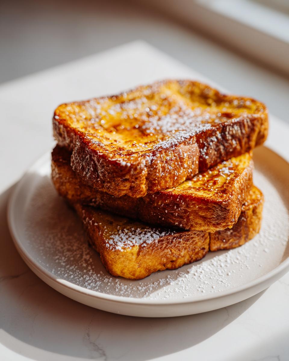 A stack of three thick slices of golden brown sourdough french toast dusted with powdered sugar.
