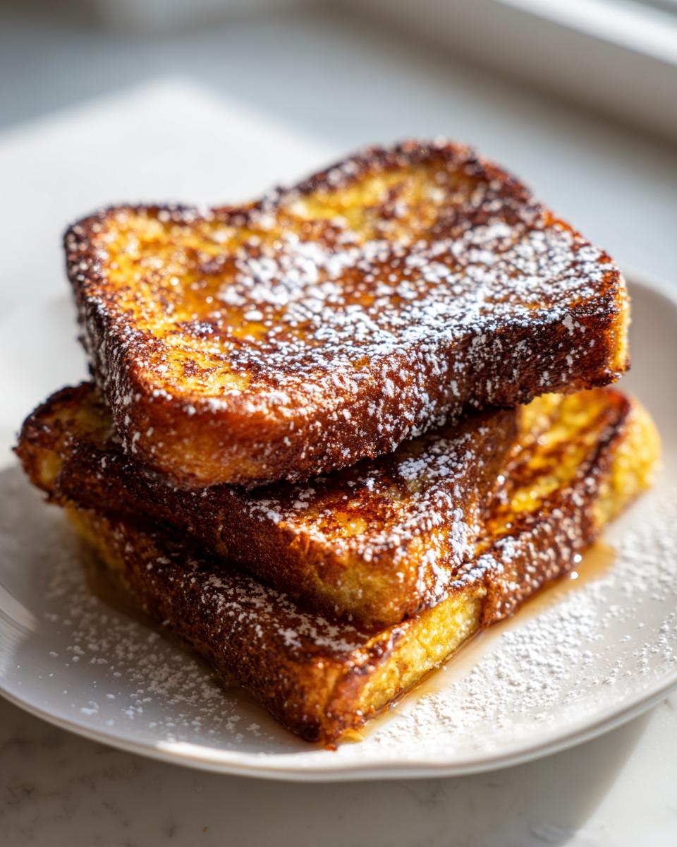A close-up of three thick slices of golden brown sourdough french toast stacked and dusted with powdered sugar.
