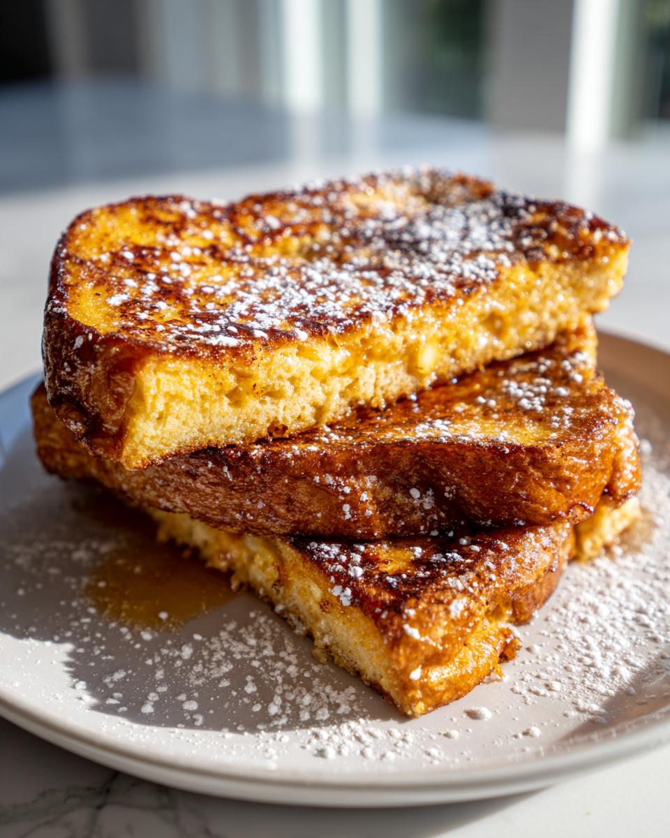 A stack of three thick slices of golden brown sourdough french toast dusted generously with powdered sugar.