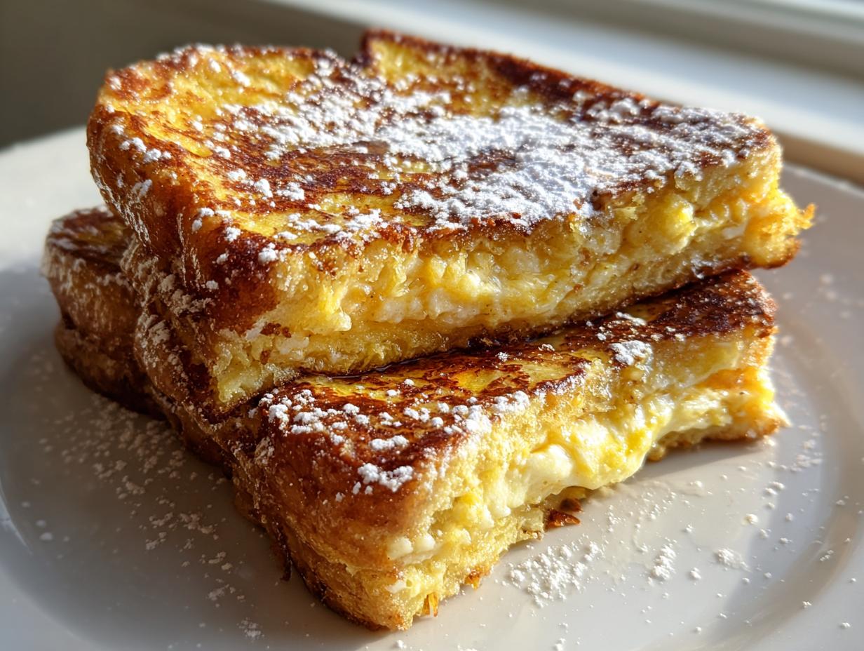 Two thick slices of golden brown sourdough french toast stacked and dusted heavily with powdered sugar.
