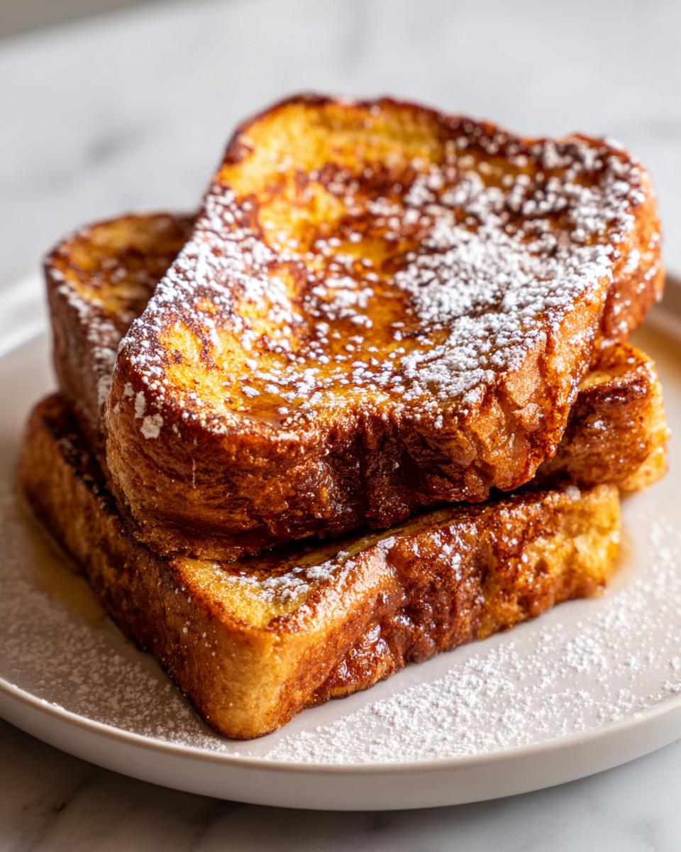 A close-up of three thick slices of golden brown sourdough french toast stacked on a plate, dusted with powdered sugar.