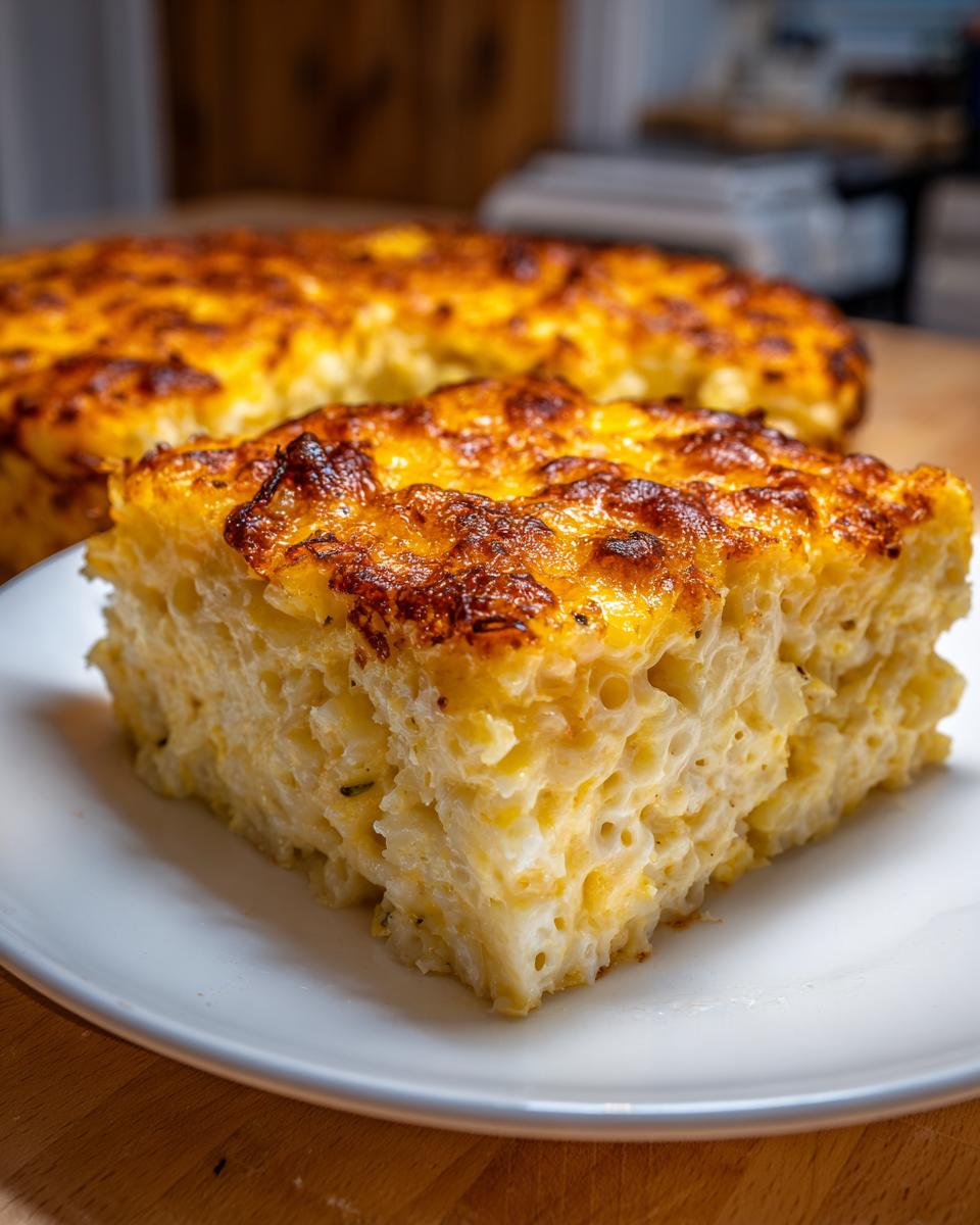 A thick slice of southern baked macaroni and cheese with a deeply browned, cheesy crust served on a white plate.