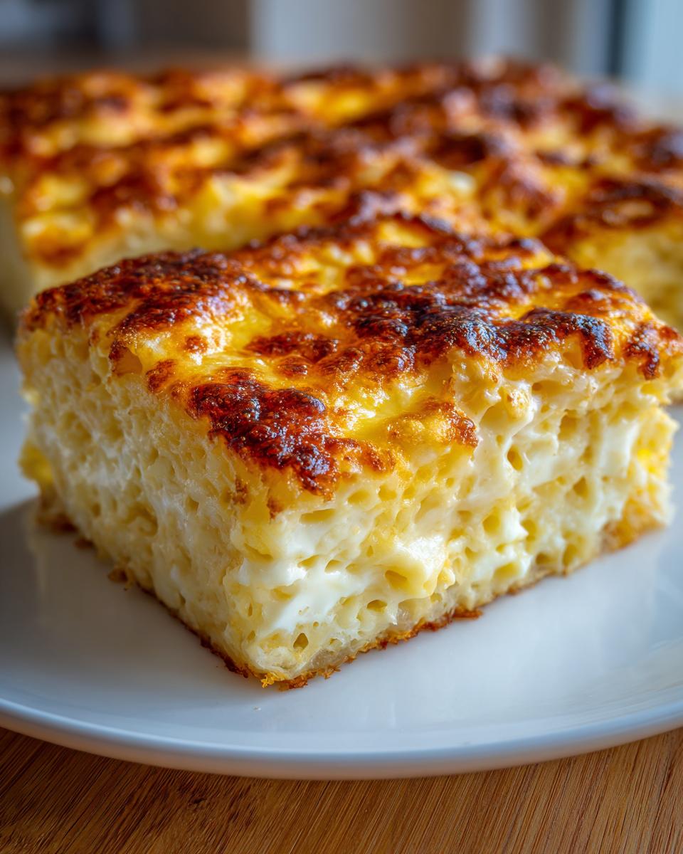 A thick, creamy slice of southern baked macaroni and cheese with a deeply browned, cheesy crust.