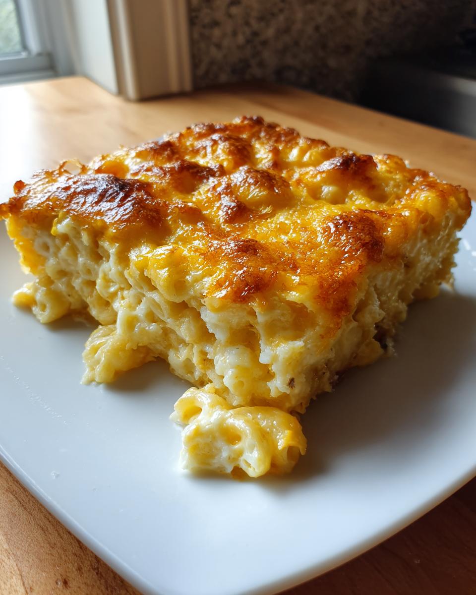 A square serving of creamy southern baked macaroni and cheese with a deeply browned, cheesy crust on a white plate.
