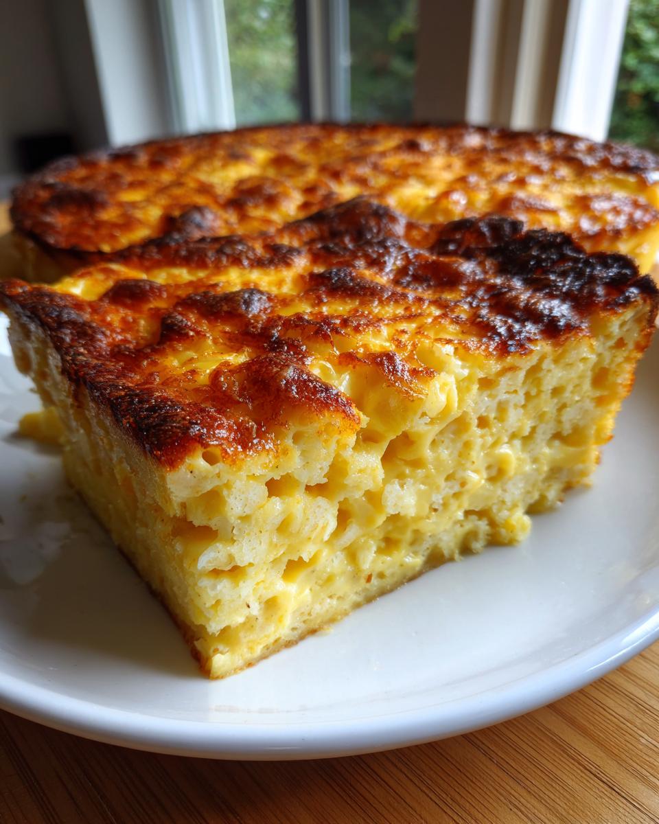 A thick slice of creamy southern baked macaroni and cheese with a deeply browned, crispy top, served on a white plate.