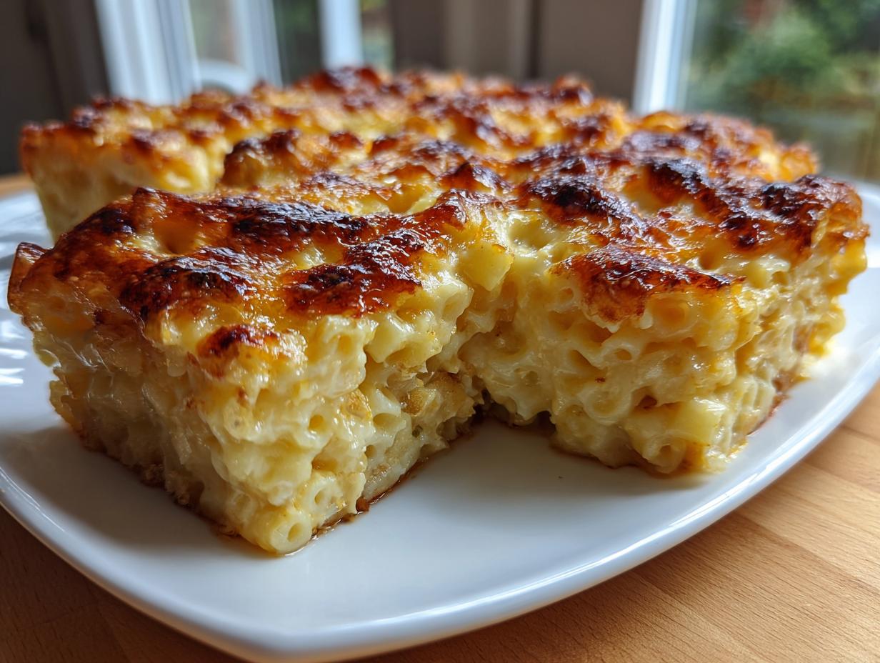 A thick, square slice of creamy southern baked macaroni and cheese with a deeply browned, cheesy crust.