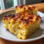 Two squares of rich, creamy southern baked macaroni and cheese with a deeply browned, crispy cheese crust.