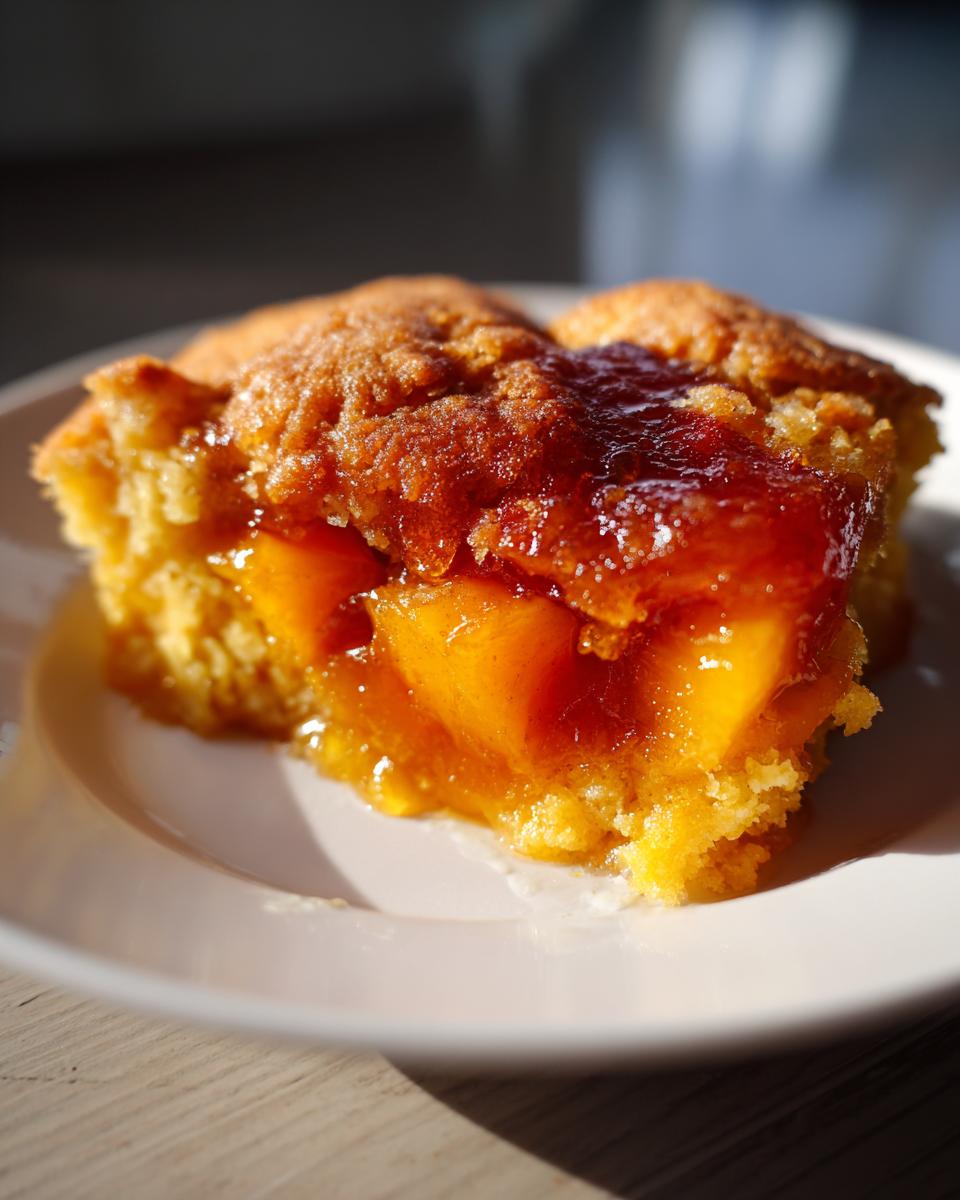 A close-up, sunlit serving of amazing southern peach cobbler showing juicy peaches and a golden, baked topping.