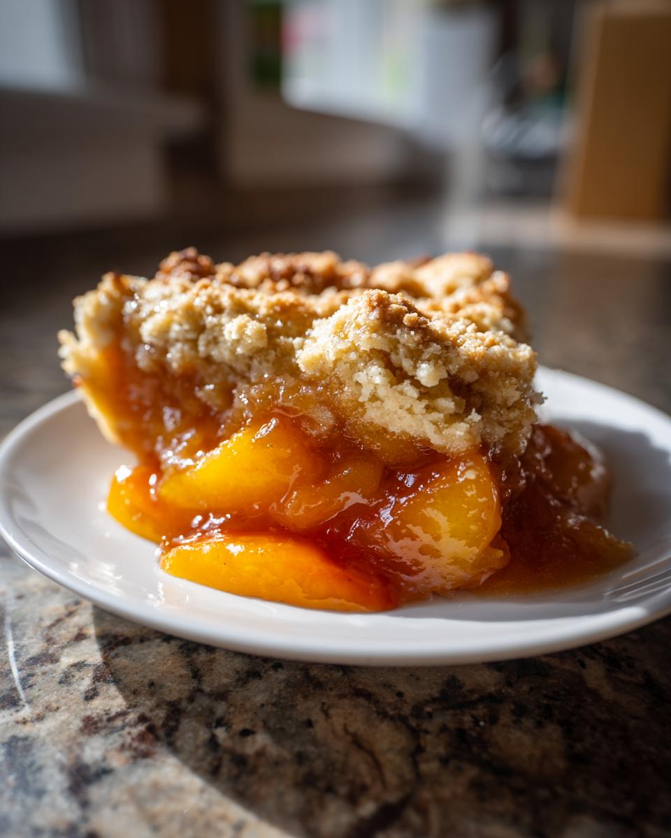 A close-up, sunlit slice of amazing southern peach cobbler featuring warm, syrupy peaches and a crumbly topping on a white plate.