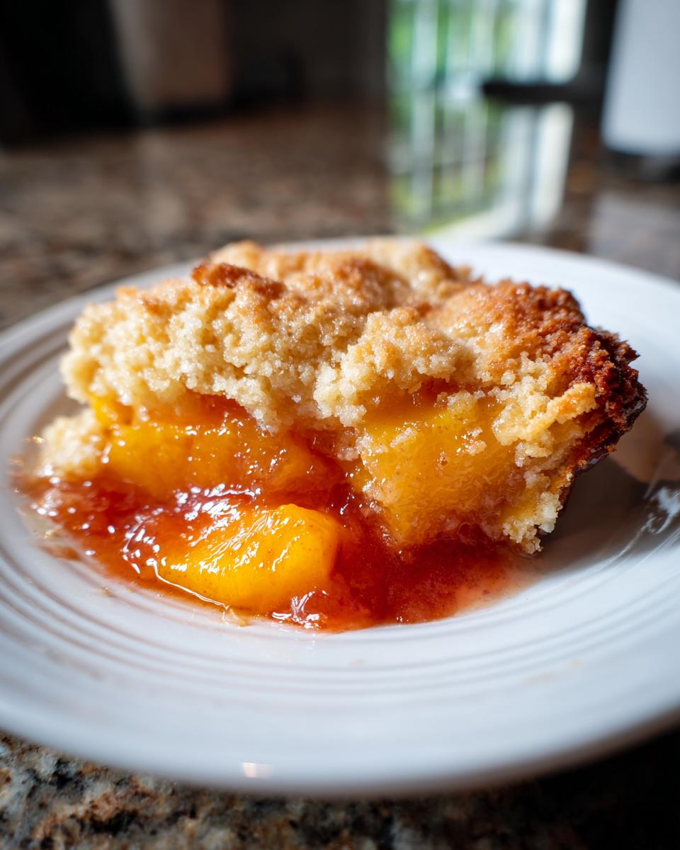 Close-up of a warm slice of southern peach cobbler showing juicy peaches and a golden crumb topping on a white plate.