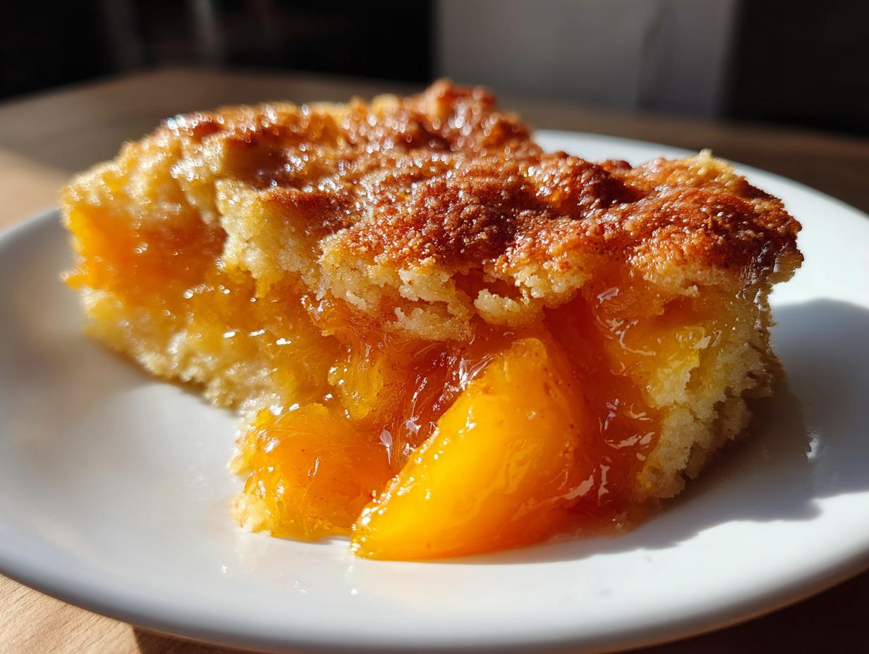 A close-up, sunlit photo of a square slice of southern peach cobbler showing gooey, bright orange peaches and a golden, crumbly topping.
