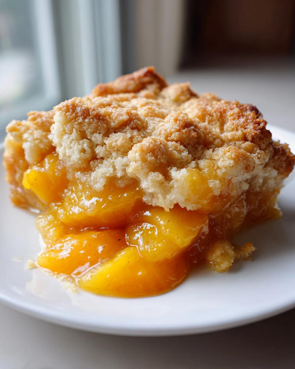 A close-up of a warm slice of southern peach cobbler with gooey, bright orange peaches and a golden, crumbly topping on a white plate.